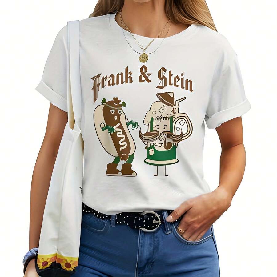 Camiseta de mujer para el Festival de la Cerveza Oktoberfest de Frank & Stein, estilo alemán bávaro, de algodón de 220g, cuello redondo gruesa y suave, de manga corta con estampado, estilo retro estético, suelta, adecuada para verano, viajes, uso diario, trabajo o relajación, para chicas y mujeres - Blanco - Ver 1