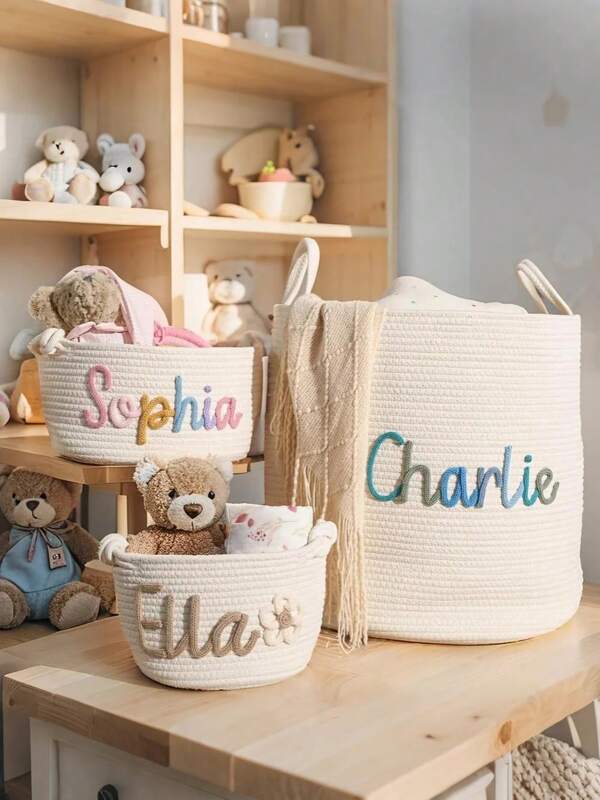 1pc Personalized Name Basket, Toys And Storage Organizer Large Rope Basket, Woven Storage Basket For Toy, Laundry And Blanket Organizer Basket, Multi-Functional, Ornamental, Reusable, Exquisite, Stylish, High-Quality, Colorful, Modern, Custom, Personalized, Unique, For Valentine's Day, For Mother's Day, For Birthdays, For Father's Day, For Graduation, For Weddings, For Housewarming, Delicate Romance