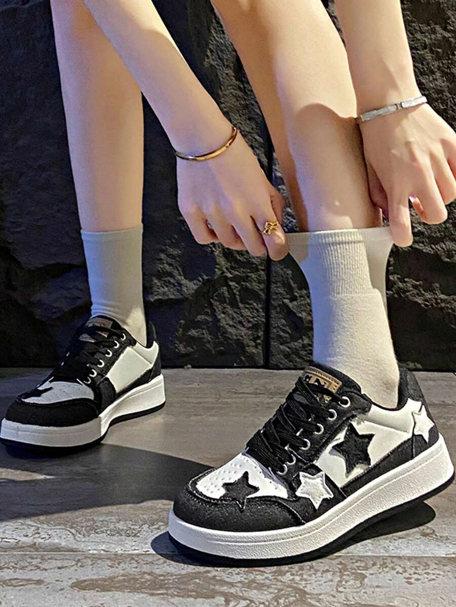 Nuevos tenis de lona estampados con estrellas, de moda y casuales, zapatos deportivos juveniles - Negro - Ver 1