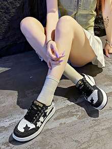 Nuevos tenis de lona estampados con estrellas, de moda y casuales, zapatos deportivos juveniles - Negro - Ver 7