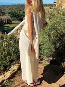 Women V Neck Maxi Dress Boho Flowy Long Dress Floral Loose Fit Summer Sundress Y2K Going Out Beach Dresses - 淡黃色 - 查看 3