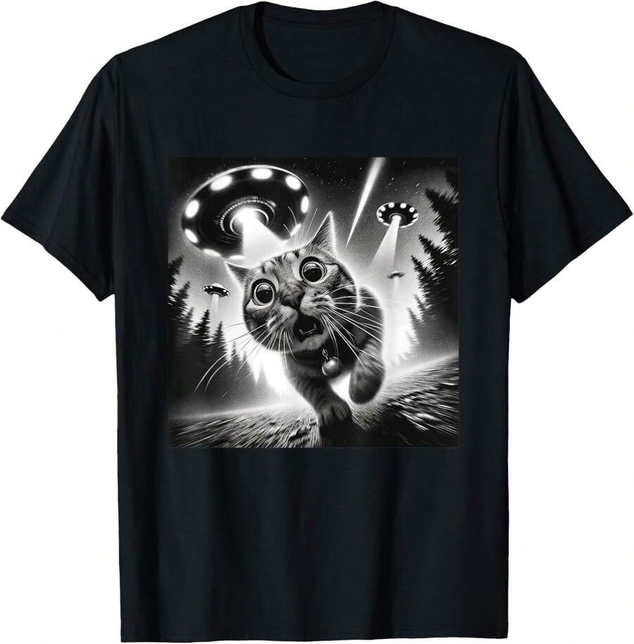 1 Pack Men's T-Shirt Funny Cat: UFO, Alien, Graphic, Men, Women, Small Size. Men's T-Shirt - Black - View 1
