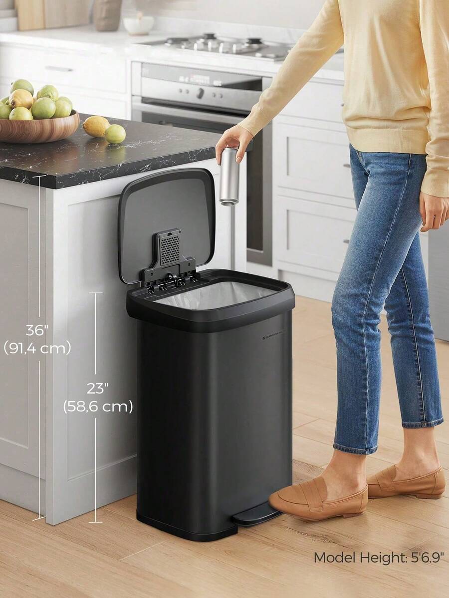 Kitchen Bin, 50L Rubbish Bin, Metal Waste Pedal Bin With Lid, Tall And Large, Black - Black - View 1