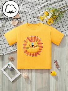 1pc Kids Casual Tiger Head Embroidery Graphic Round Neck Short Sleeve T-Shirt, Fashionable Spring/Summer - Yellow - View 2