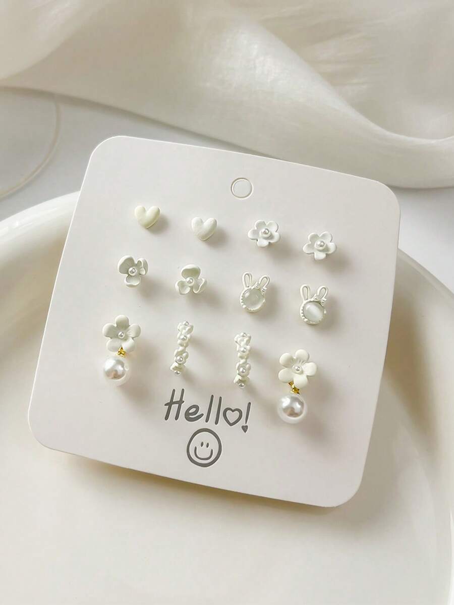 6 对花朵和人造珍珠耳钉套装，女孩珠宝耳环套装 - 均碼 - 查看 1
