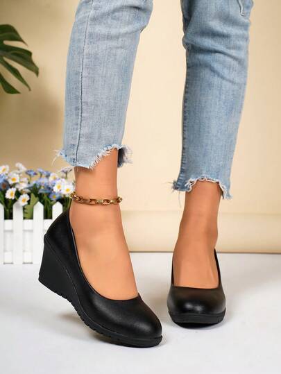 Women's Round Toe High Heel Shoes, Multi-Functional Black Thick Bottom Waterproof Wedge Shoes For Formal Work Office Wear, Slip-On Versatile Commuter High Heels, Classic Minimalist Black Pumps