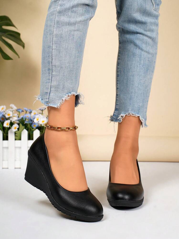 Women's Round Toe High Heel Shoes, Multi-Functional Black Thick Bottom  Platform Wedge Shoes For Formal Work Office Wear, Slip-On Versatile  Commuter High Heels, Classic Minimalist Black Pumps | SHEIN USA
