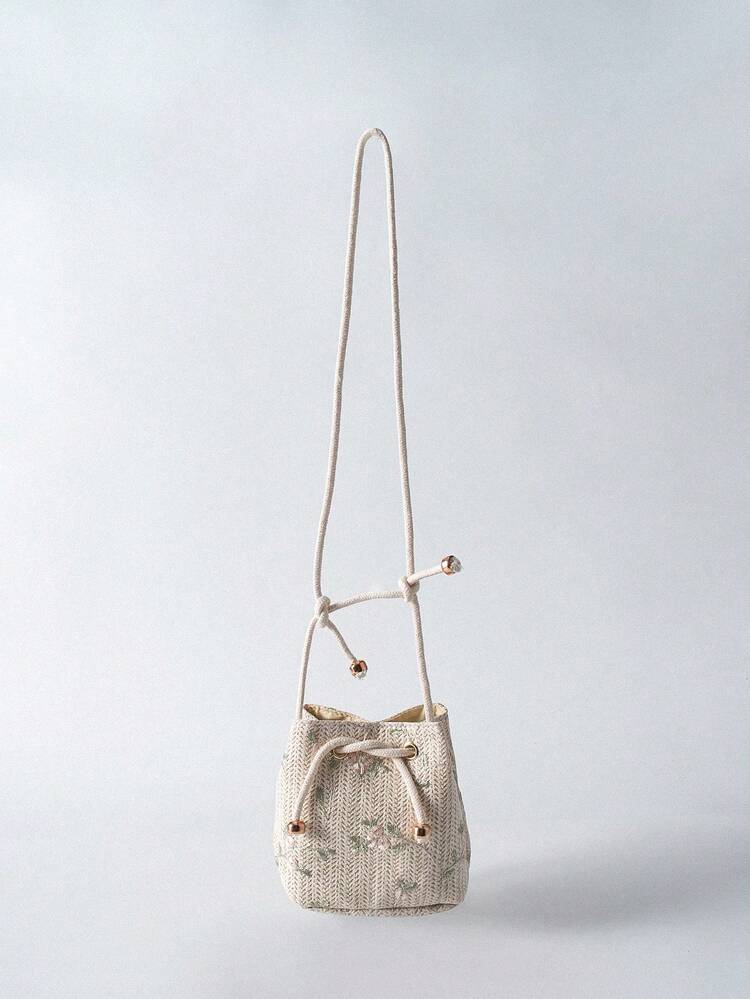 Tropiscape Mini bolso de paja blanco con bordado floral y cordón, necesidades de playa, artículos esenciales de playa, cosas de playa y artículos esenciales de verano - Beis - Añade 9