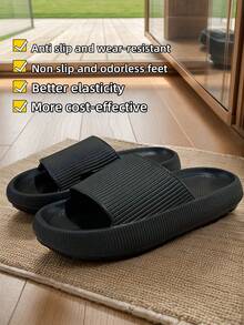 Fall/Winter Thick Sole Striped Strap Slippers, Solid Color Round Toe Casual Minimalist Indoor Outdoor Non-Slip Odor-Resistant EVA Unisex Sandals [Suggest Ordering One Size Up For More Comfort],Fluffy Slippers - Black - View 6