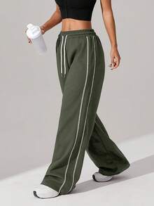 1件装女士华夫格针织宽松直筒抽绳腰撞色简约健身运动裤，春夏款