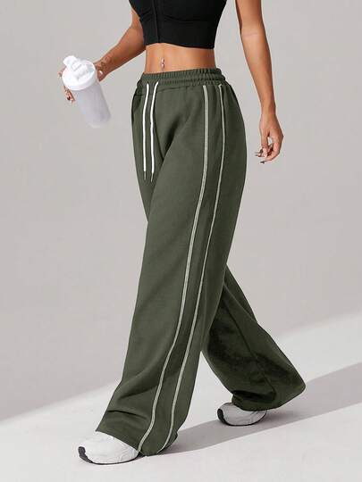 1pc Women's Waffle Knit Loose Straight Leg Drawstring Waist Contrast Color Simple Fitness Sports Pants, Spring/Summer