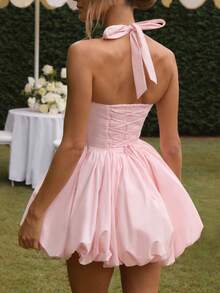 Women's Y2K Halter Corset Mini Dress Backless Corset Bubble Ruched Waist Club Party Dresses - 粉色 - 查看 4