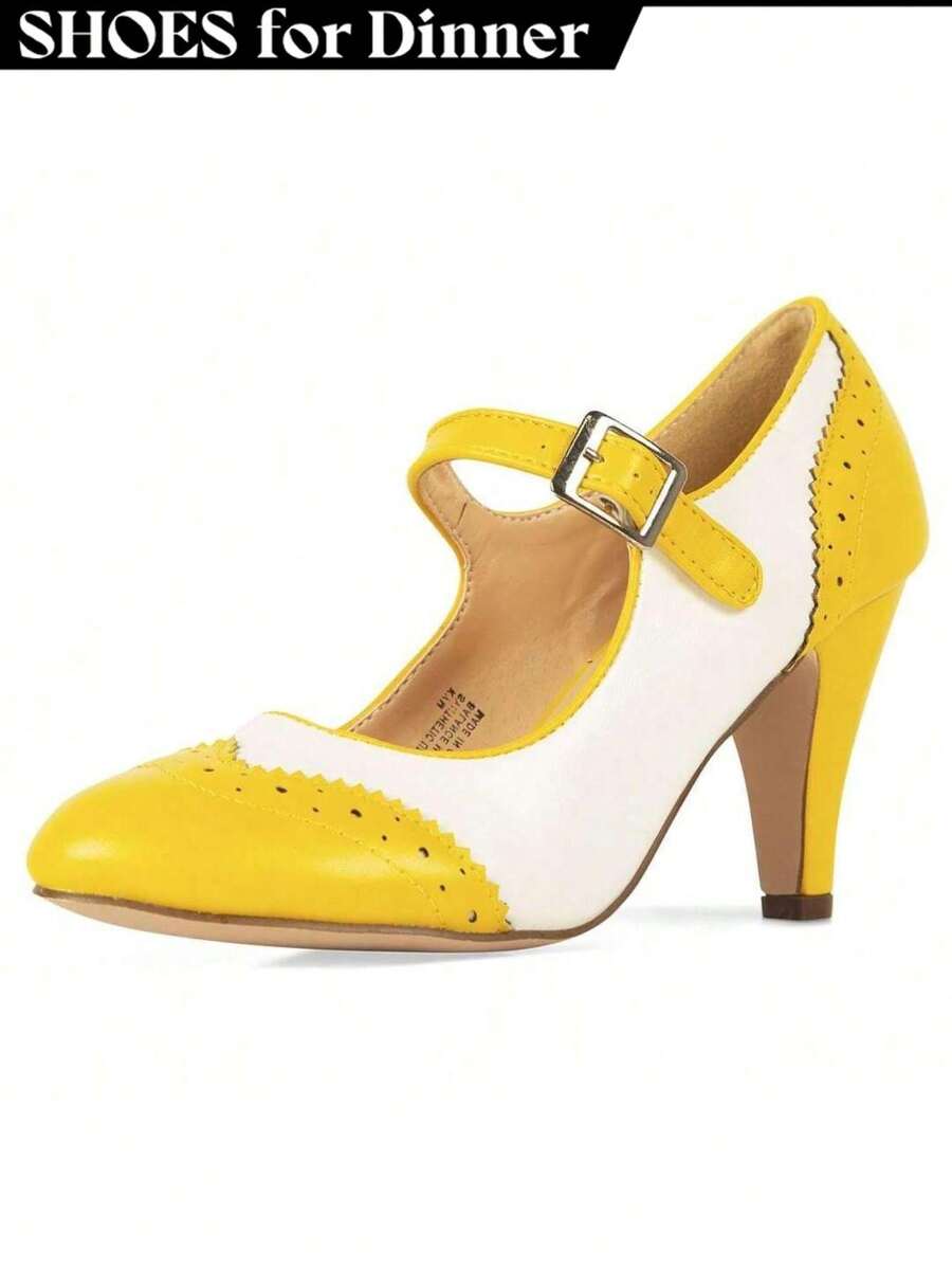 Women Mary Jane Pumps – Round Toe Retro Low Kitten Heels With Ankle Strap & Memory Foam Insole, Vintage 1950s Cone Heel Dress Shoes For Weddings, Bridesmaids, Date Night, Parties & Business Casual [Size Up Half Size] - 黃白PU - 查看 1