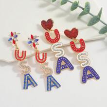 1Pair American Flag Color USA Letter Rhinestone Rice Bead Heart Shape Drop Earrings, Women's Independence Day Party Gift Earrings Pendant