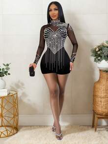 Women's Sexy Rhinestone Mesh Fabric Short Party Wear Long Sleeve See Through Bodycon Mini Dress,Rhinestone Tassels, Sheer Mesh Long Sleeves, Bodycon Style, Party Evening Dress, Sexy Clubwear - Black - View 1
