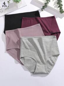 FINETOO 4 قطع من السراويل النسائية ذات الخصر العالي بلون أحادي، ملابس داخلية للسيدات بمقاسات كبيرة