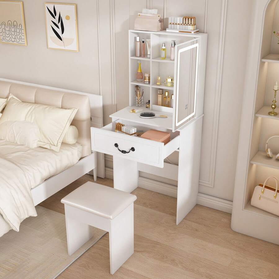 23.62" Modern Mini Dressing Table With LED-Lit Mirror & Hidden Storage,Includes Padded Stool, Adjustable Brightness Vanity Desk, Multi-Tier Dust-Proof Shelves,White - 美規A型插(110-127V) - 查看 1