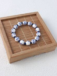 3 Stücke Vintage Keramik Schmuckset, handgefertigtes blau-weißes Porzellan mit Halskette aus Naturstein, Perlenarmband & Ohrringe, geeignet für Damen Alltags- und Festivaloutfits, Frühling/Sommer