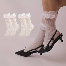 1/3 Pairs White Heart Lace Trim Mid-Calf Socks, Cute Hollow Mesh Academic Party Cute White Stockings - White - View 2