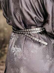 1pc Women's Extra Long Double Layer Casual Punk Vintage Metal Buckle Rivet Belt, Western Cowgirl Style Skinny Leather Belt For Daily Or Party Wear Halloween Summer, School