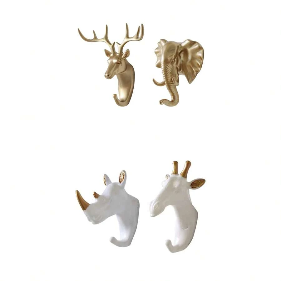 2PCS Deer Head + Elephant Head/Rhinoceros Head + Giraffe Head Wall Hooks - No Drill Adhesive Animal Decor Hooks For Bathroom Bedroom, Heavy Duty Wall Hanging Hooks For Towels Robes Keys Coats Entryway Home Decor