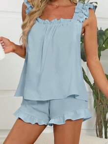 Women's Summer Lounge Set Ruffle Shoulder Strap Tank Tops Drawstring Shorts Sleepwear Sets - Baby Blue - View 2