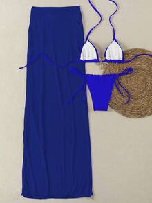 Polovedo Official New Arrival Spring/Summer Elegant Sexy Solid Navy Blue Starfish 3-Piece Bikini Set Set, Beach Holiday Party Date Vacation - Blue - View 3