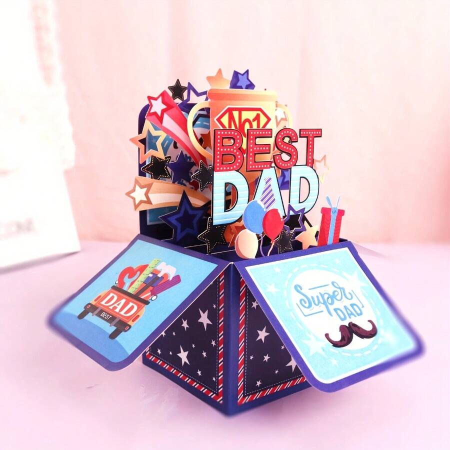 1pc 3D Pop-Up "Best Dad" Cards With Envelopes - Cartoon Star Patterns, Personalized, Multilingual (English, German, French, Japanese, Korean) - Perfect For Father's Day, Birthdays, Anniversaries, Thanksgiving - Bất Ngờ Celebrate Cards For Anyone