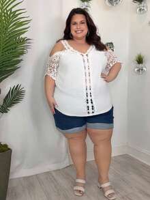 Enliva Jennifer_samantha_style Plus Swiss Dot Cold Shoulder Guipure Lace Blouse, For Apple Rounded Body Shape - White - View 7