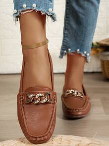 New Spring Women's Chain Decorated Loafers, Soft Leather Slip-On Flat Penny Loafers - Brown - View 2