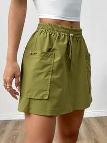 Falda cargo con bolsillo con solapa de cintura con cordón  Liso    Elegante  Casual  Fiesta    Nudo  Bolsillo  Cordón - Verde - Ver 2