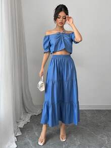 Conjunto de dos piezas lisas para mujer, tops y faldas monocromáticas, nuevos conjuntos de verano - Azul - Ver 1