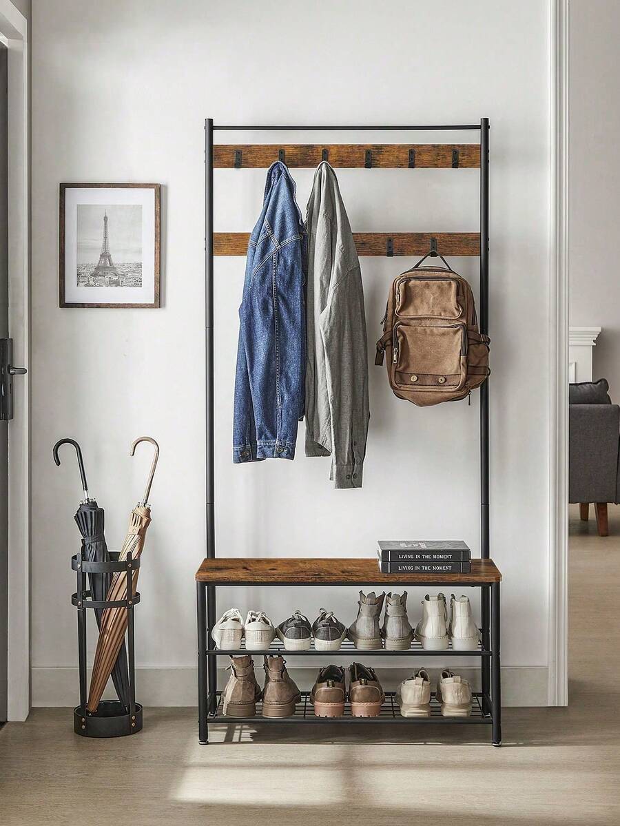 Coat Rack, Coat Stand With Shoe Storage Bench, Hall Tree With Shoe Rack, 3-In-1 Design, Steel Frame, For Hallway, Entrance, 32 X 85 X 175 Cm, Industrial Style, Walnut Brown And Black - 白色 - 查看 1