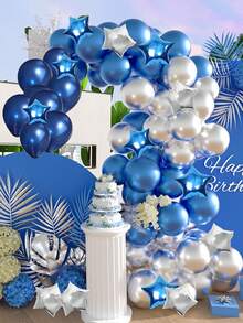 63pcs Navy Blue, Metallic Blue & Silver Color Balloon Set For Birthday Party, Wedding, Anniversary Decor