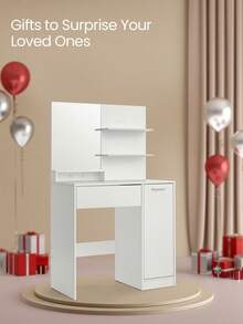 Dressing Table, Makeup Table, Vanity Table With Mirror, 1 Drawer, 2 Shelves, Storage Cabinet, Makeup Organiser, White - White - View 7