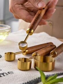 4pcs Measuring Cup & Spoon Set, Stainless Steel With Wooden Handle, Stackable, Kitchen Tools For Baking, Cooking, Dry & Wet Ingredients Measurement