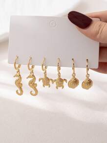 6pcs/Set Ocean Theme Earrings Set Featuring Turtle, Shell, Seahorse, Starfish, Beach & Seashell Charm Designs, Suitable For Summer
