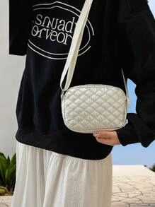 1 pezzo Borsa a tracolla casual da esterno di colore solido con motivo a reticolo di diamanti, adatta per lo shopping, i viaggi, borsa a tracolla