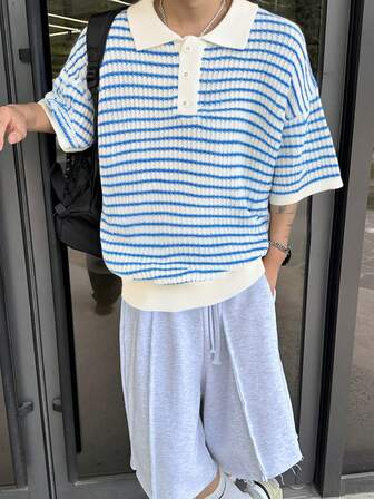 男女款复古宽松休闲条纹短袖polo领针织上衣，欧美风