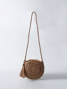 Tropiscape 极简流苏装饰草编包，镂空设计斜挎包，女士编织圆形沙滩包，藤编包，适合秋季、圣诞节、冬季等各种场合，是圣诞节的理想礼物。 - 卡其色 - 查看 8