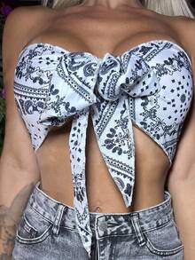 Manon Tanti Y2k 夏季两件套修身波西米亚印花抹胸上衣，女士短款上衣，韩流风格夏季服装，外出上衣，音乐节服装，乡村演唱会服装 - 黑與白 - 查看 5