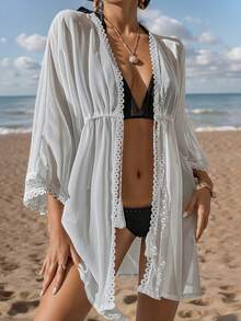 1 pieza Cubre-todo casual de mujer de un solo color, estilo kimono, para playa, vacaciones/resort, primavera/verano