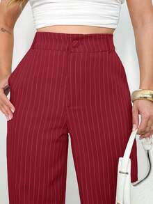 Women's Striped High Waist Wide Leg Trousers, Lightweight, Casual, Formal, Stylish And Elegant - 酒紅色 - 查看 5