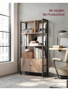 Bookshelf, Storage Shelf, Large Bookcase With Doors, 4 Shelves, Stable Steel Structure, Industrial Style, For Living Room, Office, Toasted Oak Colour And Black - 卡其色 - 查看 2