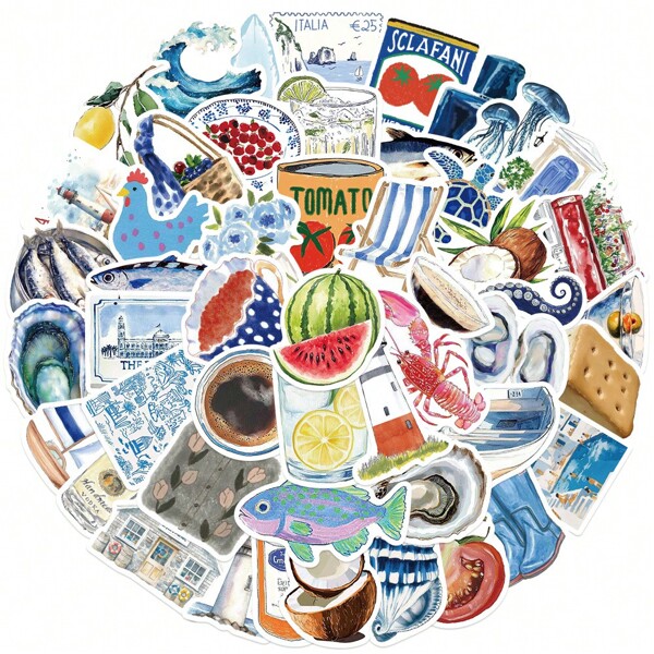 50Pcs Ocean Stickers Blue Stickers Animal Stickers Stickers Art Stickers Cartoon Stickers Fruit Stickers Food Stickers Car Stickers Vinyl Waterproof For Laptop Phone Car Skateboard Water Bottles Scrapbooking Computer Journaling School Supplies,Back To School