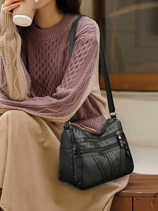 Fashionable Large Capacity Versatile Washed Soft Leather Shoulder Bag