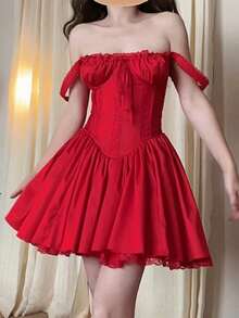 Women Y2k Summer Lace Trim Mini Dress Sleeveless Square Neck Tie-Up Front Short Tank Dress Casual Flowy A-Line Corset Dress Graduation Party Dresses Clubwear White - 紅色 - 查看 2