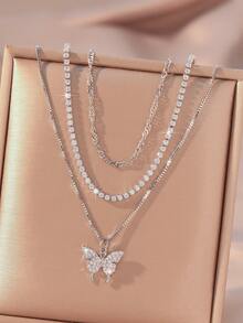 3 件套优雅别致时尚奢华闪亮彩色方晶锆石心形、蝴蝶、花瓣、圆形、方形、鱼形、海马、蜜蜂、六边形、泪珠吊坠项链套装，适合毕业典礼、派对、婚礼、新娘、伴娘、女友、生日、情人节、妇女节、感恩节、新年礼物 - 銀色 - 查看 31