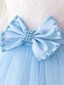 Abito elegante da damigella d'onore per ragazze, in tulle con maniche lunghe in pizzo e fiocco, adatto per la scuola, recital di pianoforte, occasioni formali, non include fascia per capelli - celeste - Visualizzare 7