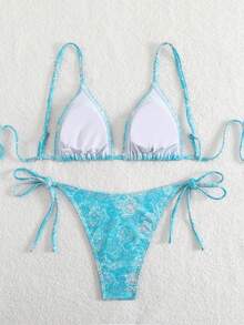 女士夏季沙滩花卉印花性感系带比基尼套装